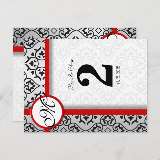 黒と銀のダマスクの赤いトリムテーブル番号 ポストカード (正面/裏面)