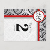 黒と銀のダマスクの赤いトリムテーブル番号 ポストカード (裏面)