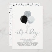 黒と銀のバルーン |男の子の赤ちゃんシャワー 招待状 (正面/裏面)