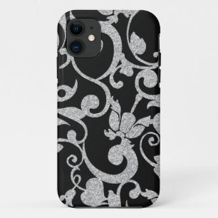 黒と銀のフローラグリッターiPhoneケース iPhone 11 ケース
