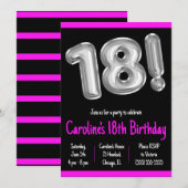 黒と銀のホイルバルーン 18歳の誕生日パーティー 招待状 (正面/裏面)