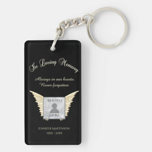 黒と銀のメモリアルエンジェルウィングス写真を追加 キーホルダー (裏面)