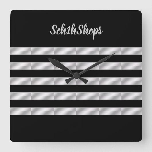 黒と銀の壁ストライプの時計 スクエア壁時計 (正面)