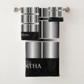 黒と銀の正方形とストライプパターン バスタオルセット (インサイチュ)