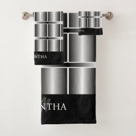 黒と銀の正方形とストライプパターン バスタオルセット