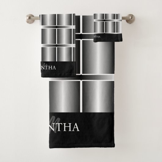 黒と銀の正方形とストライプパターン バスタオルセット (インサイチュ)