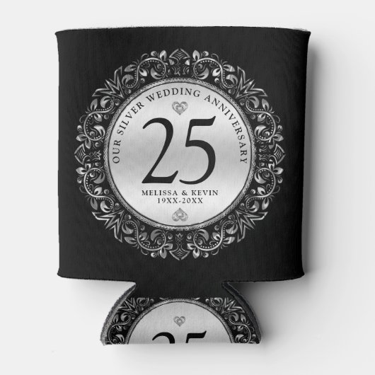 黒と銀の渦巻き円形フレーム結婚25th 缶クーラー (正面)