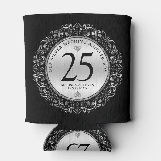 黒と銀の渦巻き円形フレーム結婚25th 缶クーラー (裏面)