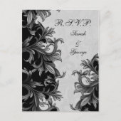 黒と銀の灰色の花色結婚の インビテーションポストカード (正面)