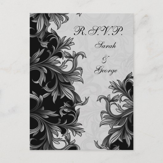 黒と銀の灰色の花色結婚の インビテーションポストカード (正面)