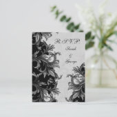 黒と銀の灰色の花色結婚の インビテーションポストカード (スタンド正面)