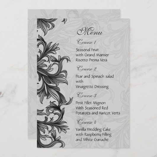 黒と銀の灰色の花色結婚の メニュー (正面/裏面)