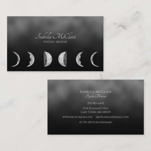 黒と銀の箔テクスチャムーン超精神媒体 コーリングカード (正面/裏面)