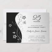 黒と銀の背景グレーの花 招待状 (正面)