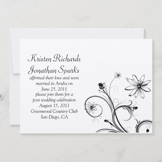 黒と銀の花がポストのセレブ結婚ルに渦巻く 招待状 (正面)