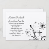 黒と銀の花がポストのセレブ結婚ルに渦巻く 招待状 (正面/裏面)