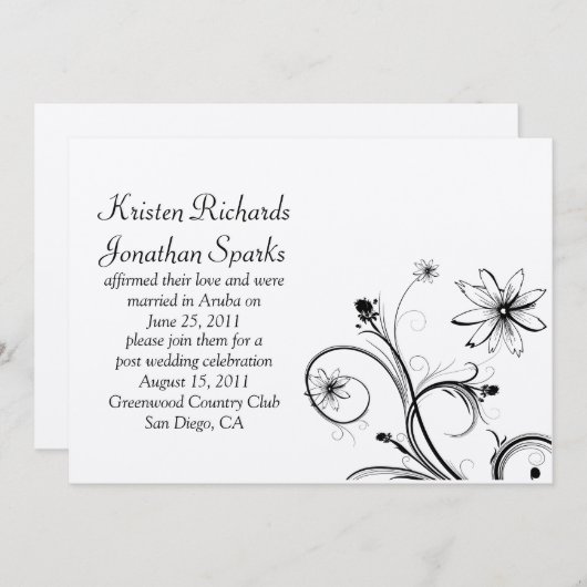 黒と銀の花がポストのセレブ結婚ルに渦巻く 招待状 (正面/裏面)