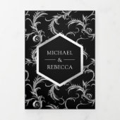 黒と銀の華麗な渦巻き ウェディングフォト 三つ折り招待状 (カバー)