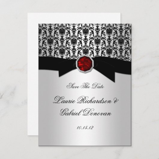 黒と銀の赤いルビー宝石の日付の保存 案内ポストカード (正面/裏面)
