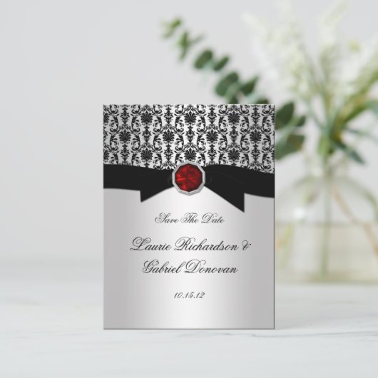 黒と銀の赤いルビー宝石の日付の保存 案内ポストカード (スタンド正面)