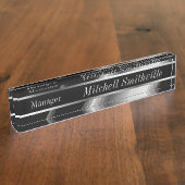 黒と銀の金属対角線ストライプ デスクネームプレート (側面)