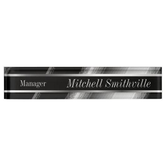 黒と銀の金属対角線ストライプ デスクネームプレート (正面)