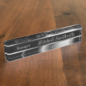 黒と銀の金属対角線ストライプ デスクネームプレート (側面)