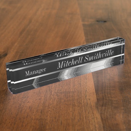 黒と銀の金属対角線ストライプ デスクネームプレート (側面)