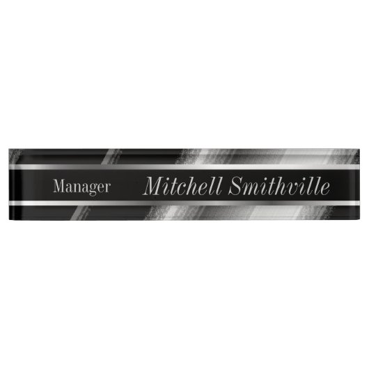 黒と銀の金属対角線ストライプ デスクネームプレート (正面)