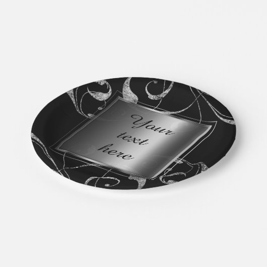 黒と銀フェイクのガラスのフローラ旋回エレガント ペーパープレート (アングル)