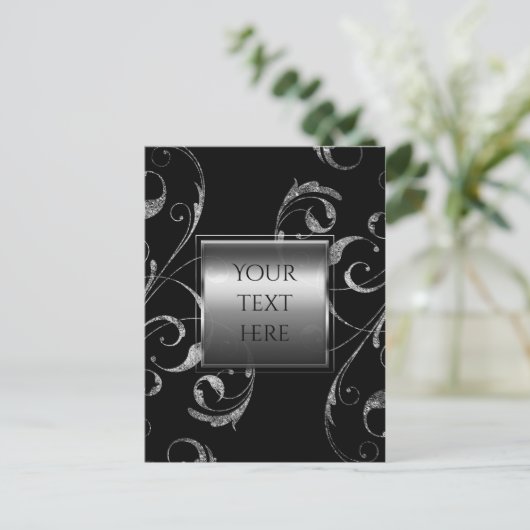 黒と銀フェイクのガラスのフローラ旋回エレガント ポストカード (スタンド正面)
