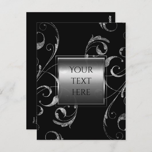 黒と銀フェイクのガラスのフローラ旋回エレガント ポストカード (正面/裏面)