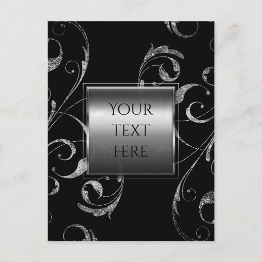 黒と銀フェイクのガラスのフローラ旋回エレガント ポストカード (正面)