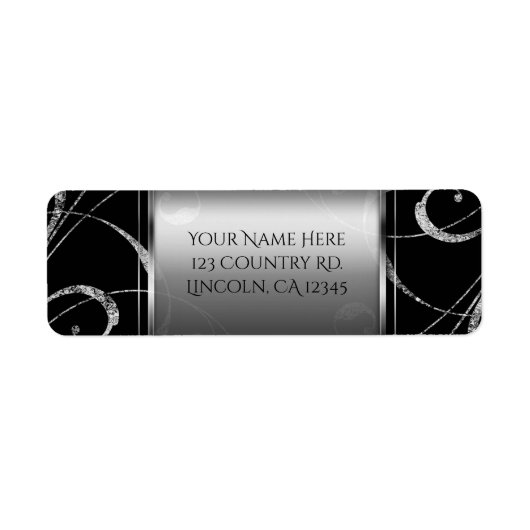黒と銀フェイクのガラスのフローラ旋回エレガント ラベル (正面)