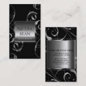 黒と銀フェイクのガラスのフローラ旋回エレガント 名刺 (正面/裏面)