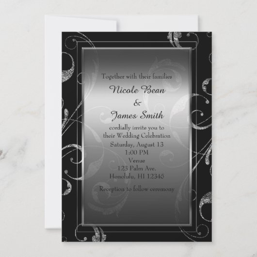 黒と銀フェイクのガラスのフローラ旋回エレガント 招待状 (裏面)