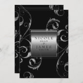 黒と銀フェイクのガラスのフローラ旋回エレガント 招待状 (正面/裏面)