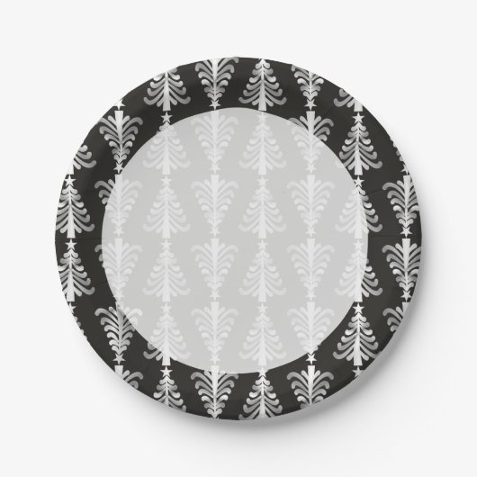 黒と銀モダン色のクリスマスの木の模様 ペーパープレート (正面)