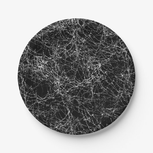 黒と銀色のスパイダーウェブシックなハロウィーン ペーパープレート (正面)