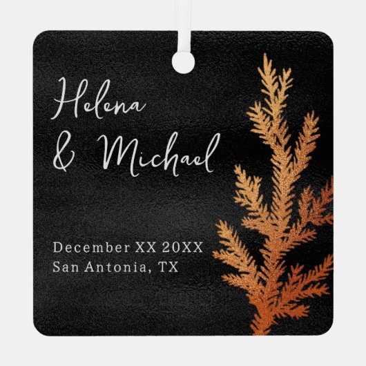黒と銅の冬のウェディングパインブランチ メタルオーナメント (裏面)