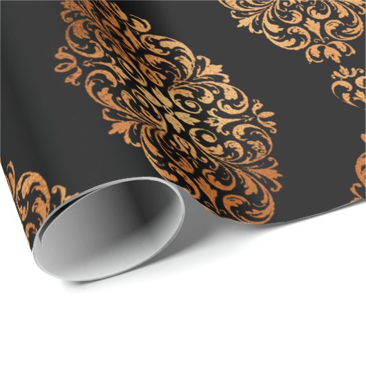 黒と銅ハロウィーンヴィンテージダマスクパターン ラッピングペーパー (ロールコーナー)