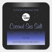 黒と青のグラデーション製品ラベルのグリッターロゴ スクエアシール (正面)