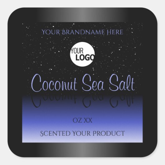黒と青のグラデーション製品ラベルのグリッターロゴ スクエアシール (正面)