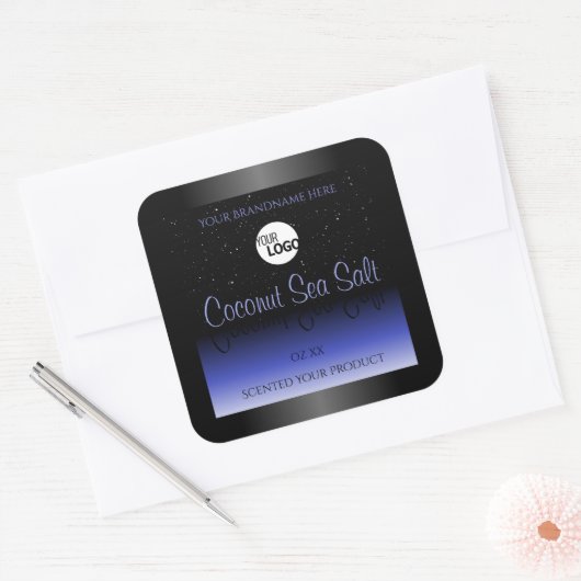 黒と青のグラデーション製品ラベルのグリッターロゴ スクエアシール (封筒)