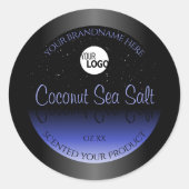 黒と青のグラデーション製品ラベルのグリッターロゴ ラウンドシール (正面)