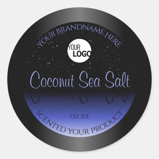 黒と青のグラデーション製品ラベルのグリッターロゴ ラウンドシール (正面)