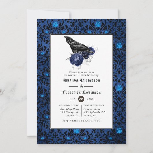 黒と青のゴシック様式フローラリハーサルディナー 招待状 (正面)