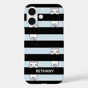 黒と青のストライプのキュートな猫の登攀 iPhone 16ケース