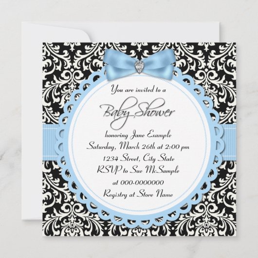 黒と青のダマスクバスタイムベビーシャワー 招待状 (裏面)