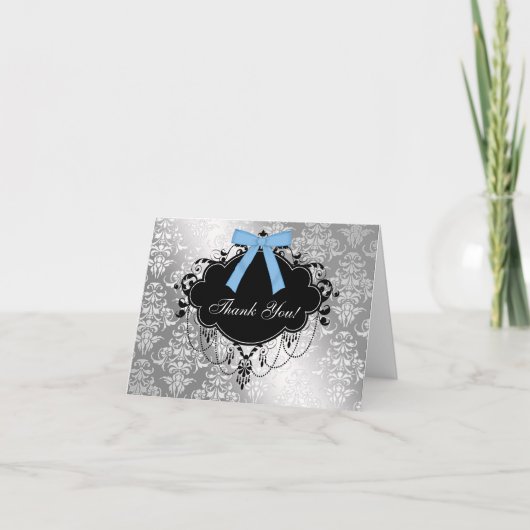 黒と青のダマスク柄 ベビーシャワー お礼カード サンキューカード (正面)